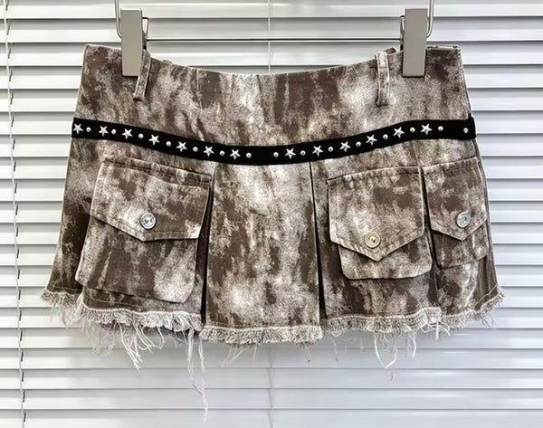 Women Sexy Fashion Rivet Pleated Denim Skirt