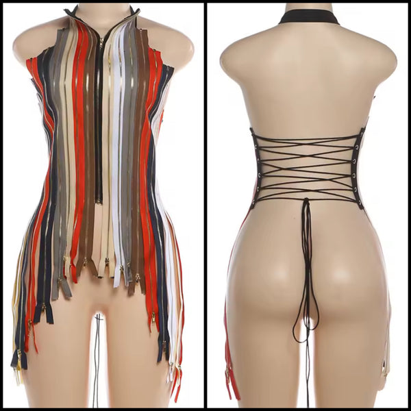 Women Fashion Multicolored Zipper Sleeveless Open Back Top