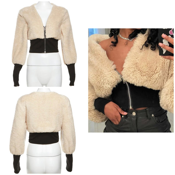 Women Fashion Faux Fur Full Sleeve Zip Up Crop Top