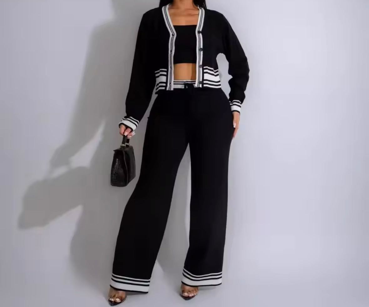 Women Fashion Color Patchwork Full Sleeve Three Piece Pant Set