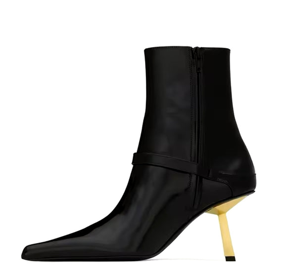 Women Fashion Pointed Toe Gold Buckled High Heel Ankle Boots