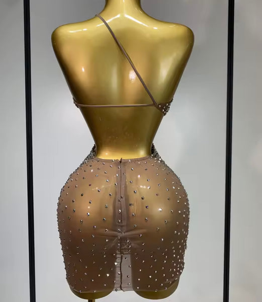 Women Sexy Mesh One Shoulder Sleeveless Rhinestone Dress