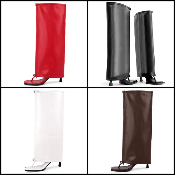 Women Fashion Open Toe Buckled Faux Leather Knee High Boots