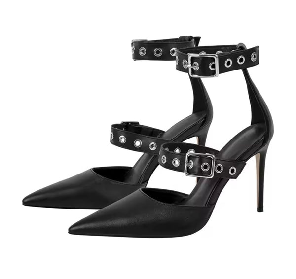 Women Fashion Pointed Toe Buckled Ankle Strap High Heels