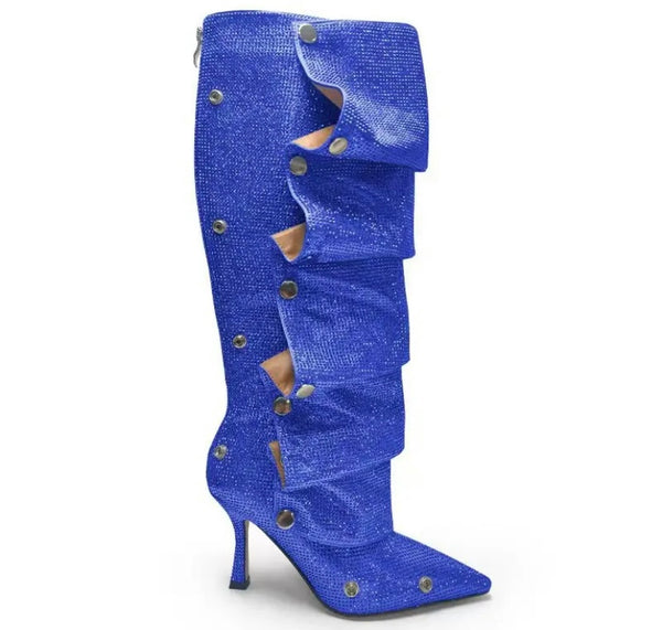 Women Fashion Pointed Toe Bling Button Knee High Boots