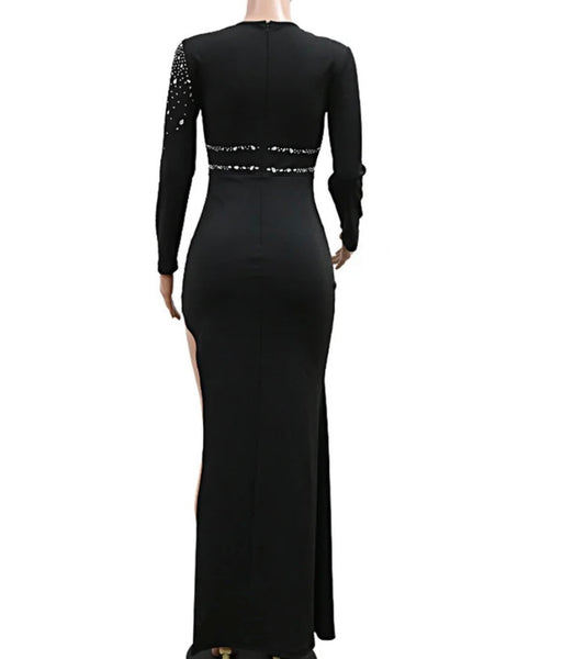 Women Sexy Bling Cut Out Full Sleeve Side Split Maxi Dress