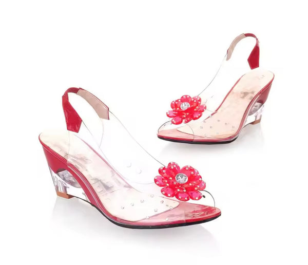 Women Fashion Floral Wedge PVC Slingback Sandals