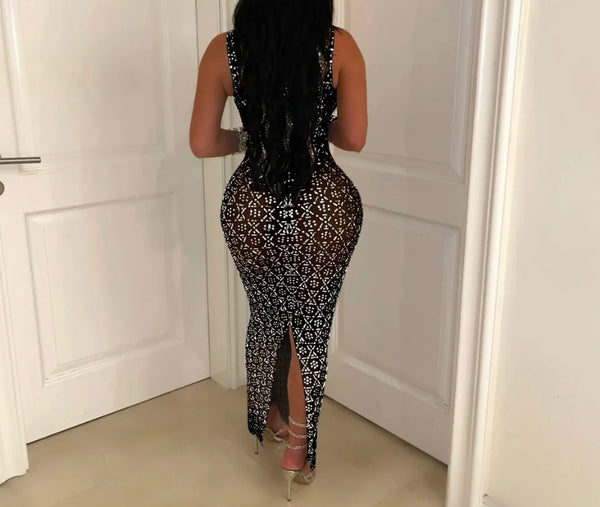 Women Sexy Sleeveless Bling Mesh Maxi Dress