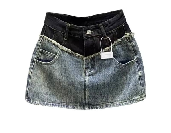 Women Color Patchwork Fashion Denim Skirt