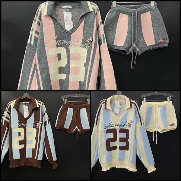 Women Number Print Striped Full Sleeve Two Piece Short Set