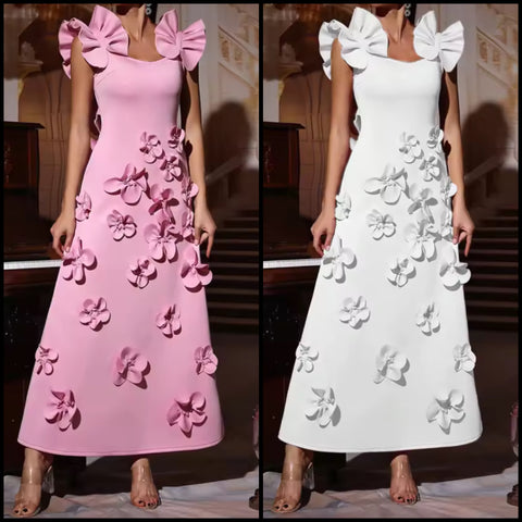 Women Sexy Ruffled Sleeveless 3D Floral Maxi Dress