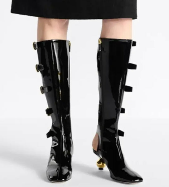 Women Black Fashion Gold Buckled Patent Leather Ankle/Knee High Boots