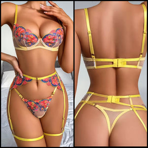Women Sexy Yellow Floral Mesh Thong Lingerie Set