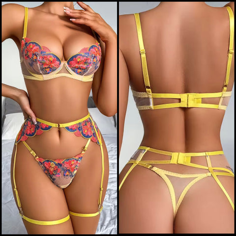Women Sexy Yellow Floral Mesh Thong Lingerie Set