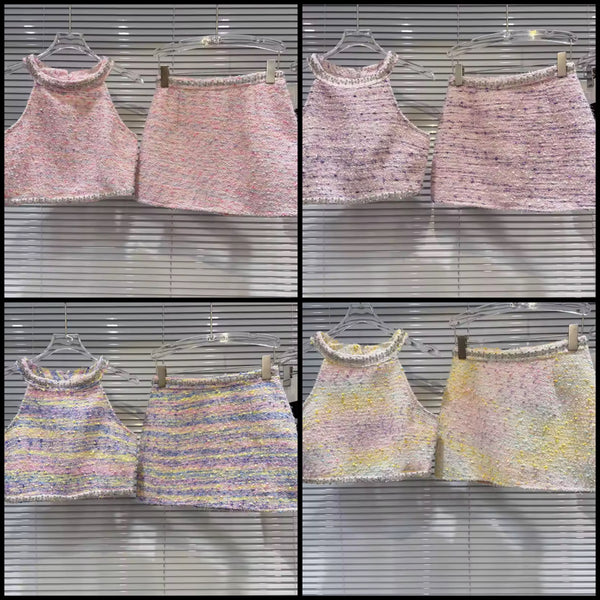 Women Color Bling Sleeveless Tweed Two Piece Skirt Set