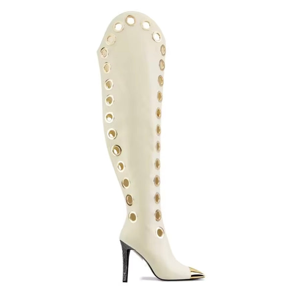 Women Fashion Metal Pointed Toe  Round Rings Knee High Boots