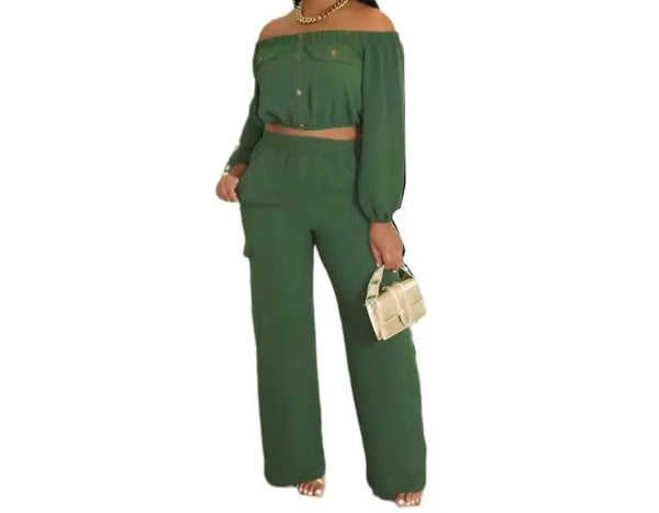 Women Fashion Button Up Pocket Full Sleeve Crop Two Piece Pant Set