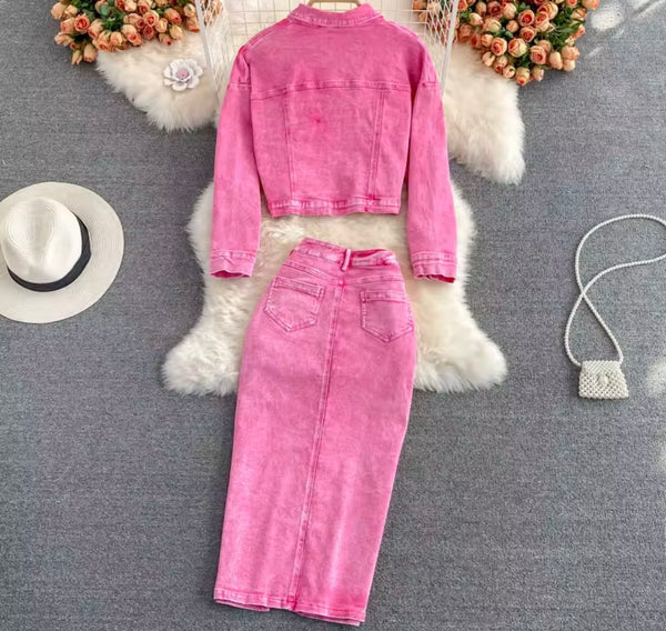 Women Sexy Fashion Pink Denim Jacket Two Piece Maxi Skirt Set