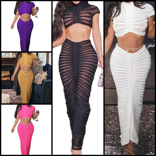 Women Sexy See Through Short Sleeve Two Piece Maxi Skirt Set