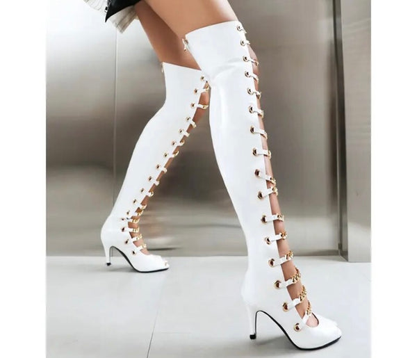 Women Fashion Open Toe Chain Patent Leather Knee High Boots