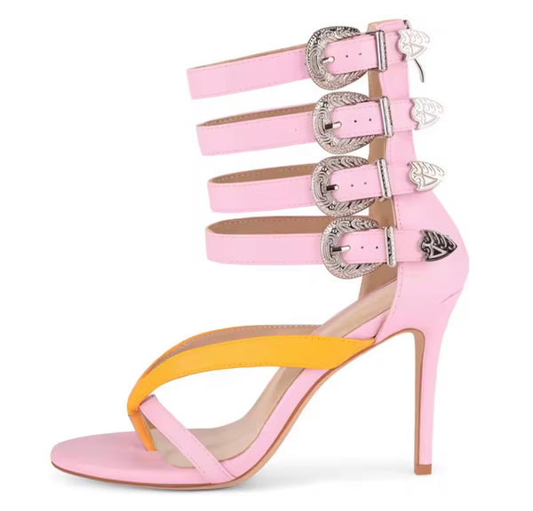 Women Color Patchwork Fashion Buckled High Heel Sandals