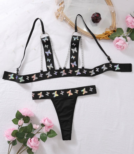 Women Sexy Black Butterfly Print Chain Lingerie Set