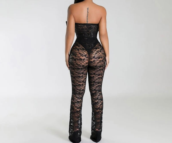 Women Black Bow Sexy Strapless Lace Two Piece Bodysuit Pant Set