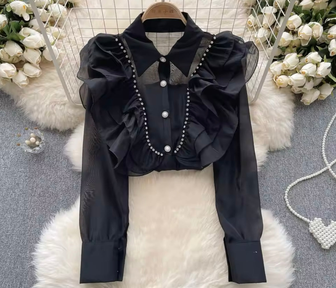 Women Bling Button Up Ruffled Mesh Fashion Top