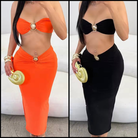 Women Sexy Strapless Shell Two Piece Maxi Skirt Set