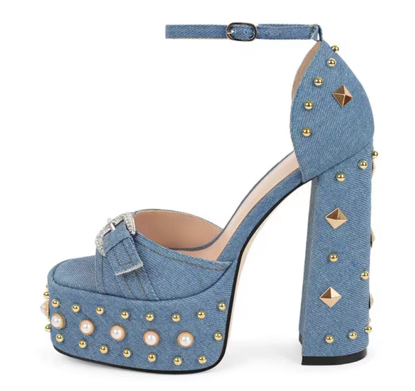 Women Fashion Pearl Rivet Platform High Heel Sandals