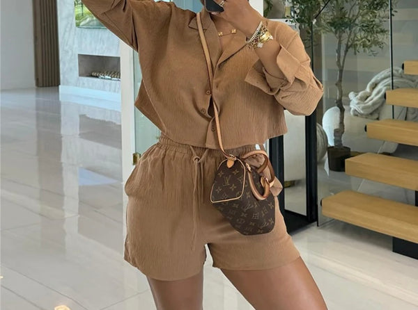 Women Button Up Full Sleeve Fashion Two Piece Short Set