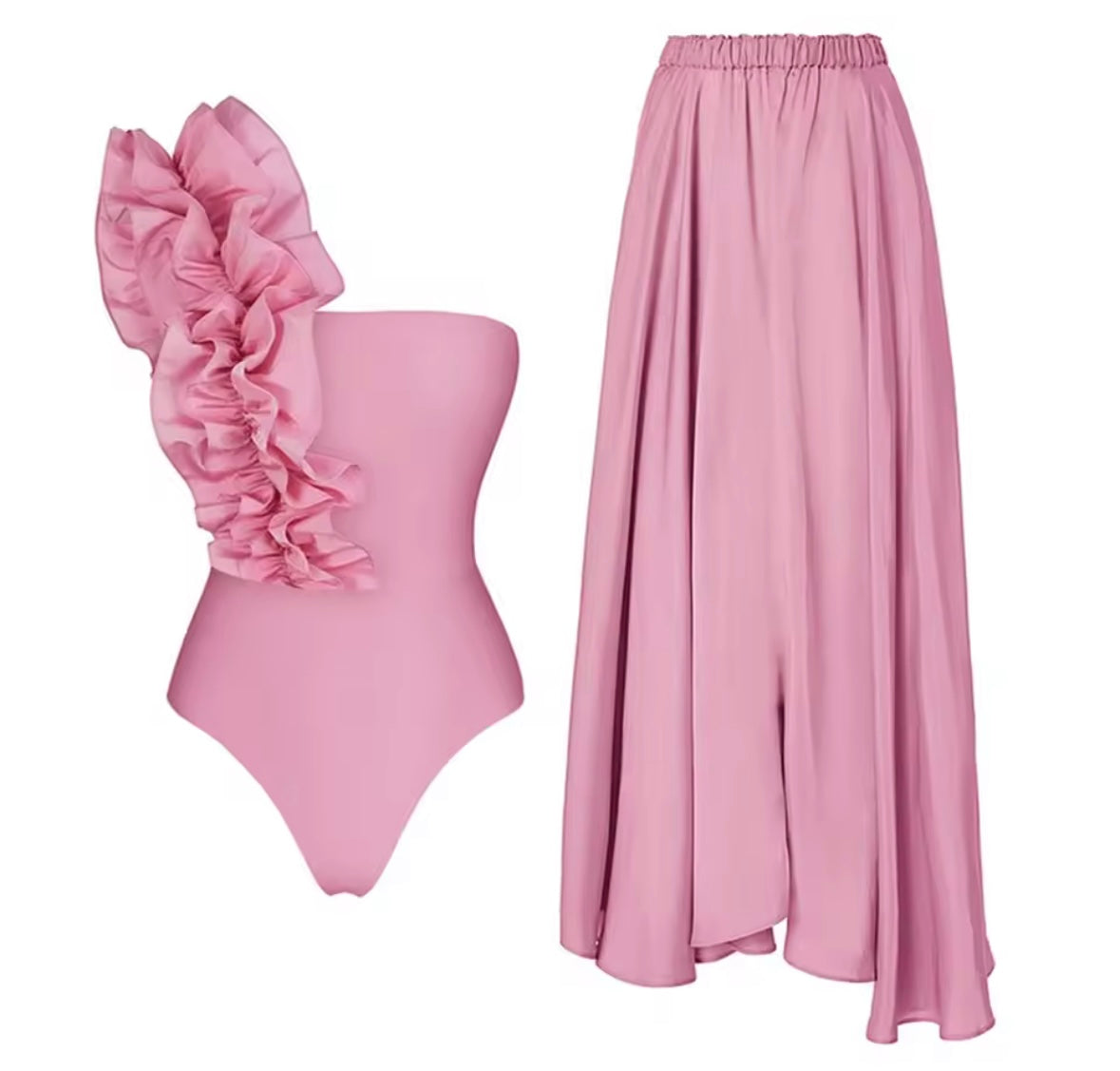 Women Sexy Ruffled One Shoulder Swimsuit Cover Up Set
