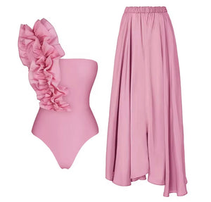 Women Sexy Ruffled One Shoulder Swimsuit Cover Up Set