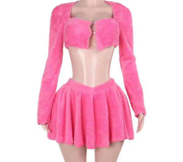 Women Sexy Color Fluffy Full Sleeve Two Piece Pleated Skirt Set