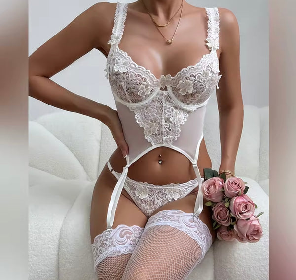 Women White Sexy Lace Mesh Lingerie Set