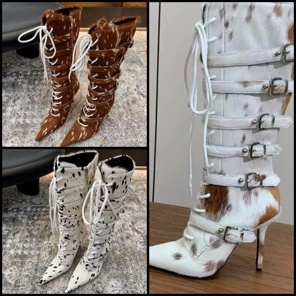 Women Fashion Mohair Lace Up Buckled Knee High Boots