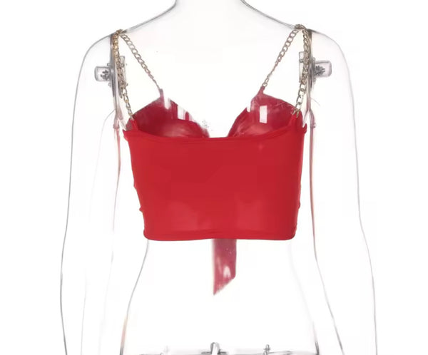 Women Red Chain Sleeveless Tie Up Fashion Crop Top