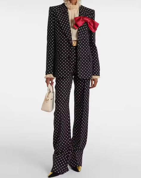 Women Fashion Bow Button Up Polka Dot Blazer Two Piece Pant Set