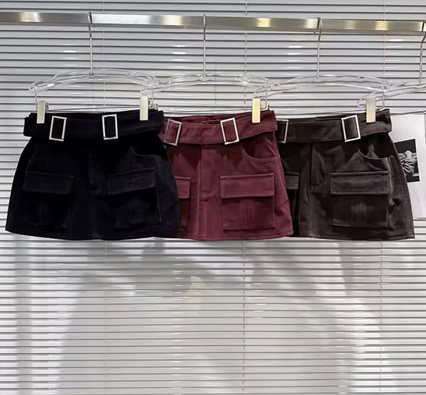 Women Sexy Fashion Suede Buckle Pocket Skirt