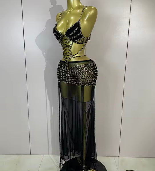 Women Black Sleeveless Chain Cut Out Sexy Maxi Dress