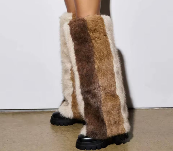 Women Color Patchwork Fur Fashion Knee High Boots