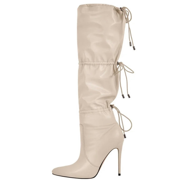 Women Fashion Faux Leather High Heel Tie Up Knee High Boots