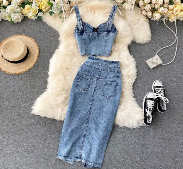 Women Sexy Fashion Zip Up Crop Two Piece Denim Maxi Skirt Set