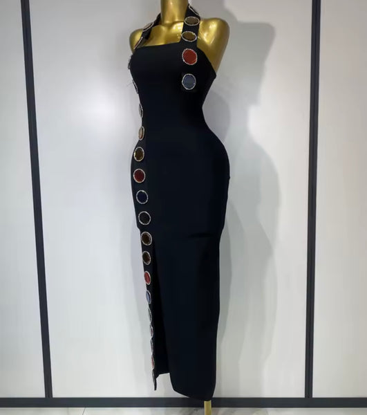 Women Black Halter Sleeveless Color Crystal Sexy Maxi Dress
