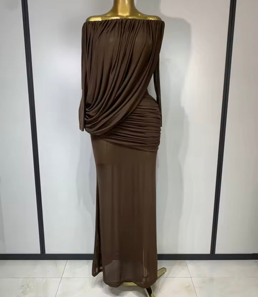 Women Off The Shoulder Ruched Full Sleeve Sexy Maxi Dress