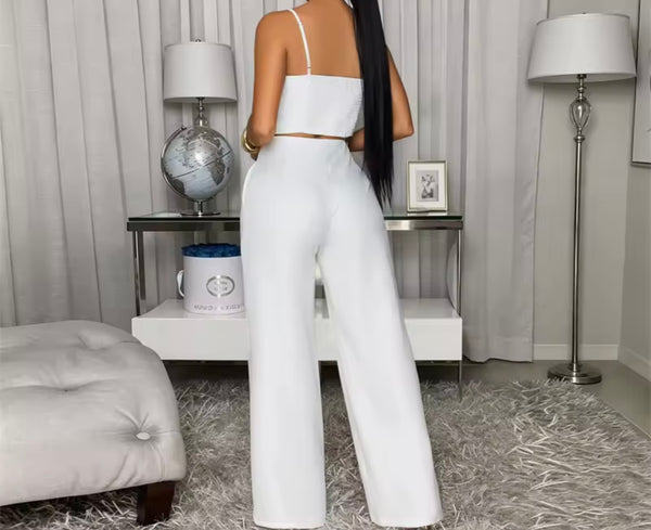 Women Color Button Up Sleeveless Two Piece Pant Set