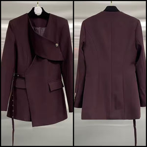 Women Burgundy Wrap Buckled Fashion Blazer Top