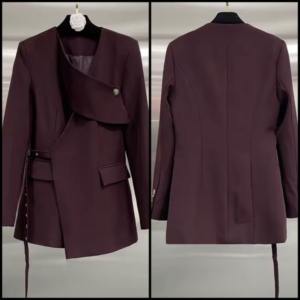Women Burgundy Wrap Buckled Fashion Blazer Top