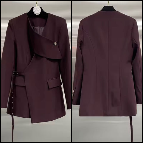 Women Burgundy Wrap Buckled Fashion Blazer Top