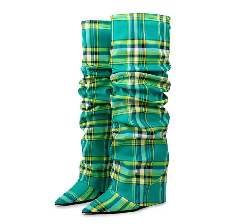 Women Fashion Color Plaid Wedge Platform Ruched Knee High Boots